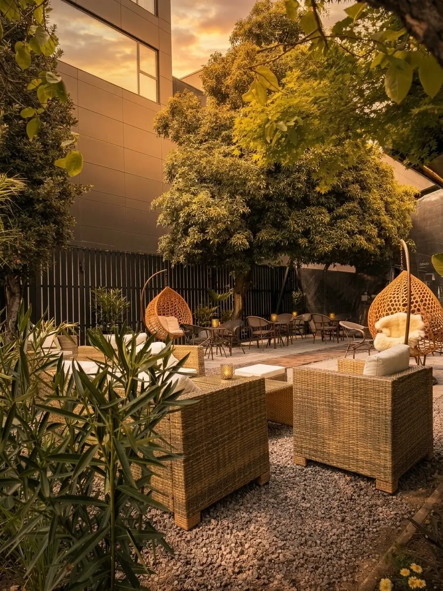 Terraza con sillones de mimbre, sillas colgantes y árboles al atardecer en Casa Espoz Las Condes