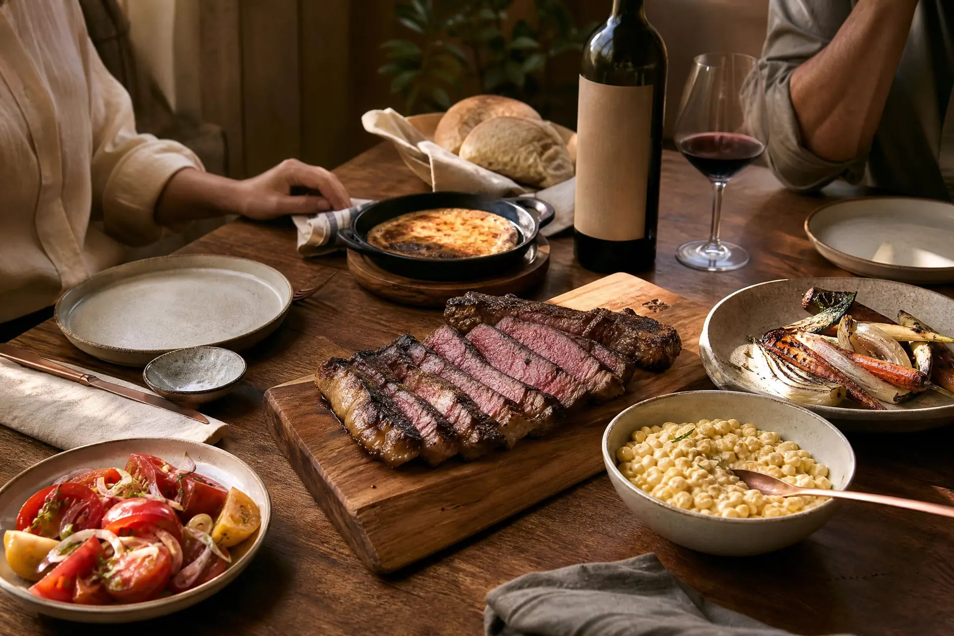 Mesa compartida con carne y acompañamientos